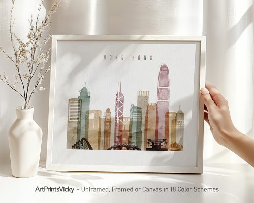 Art print of a stylized cityscape of Hong Kong featuring various skyscrapers in a framed display.