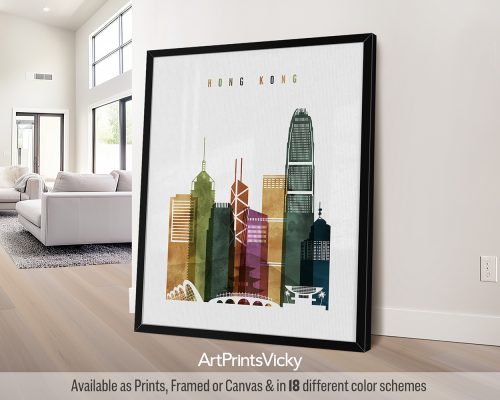 Art print featuring a stylized silhouette of Hong Kong's skyline with notable buildings.