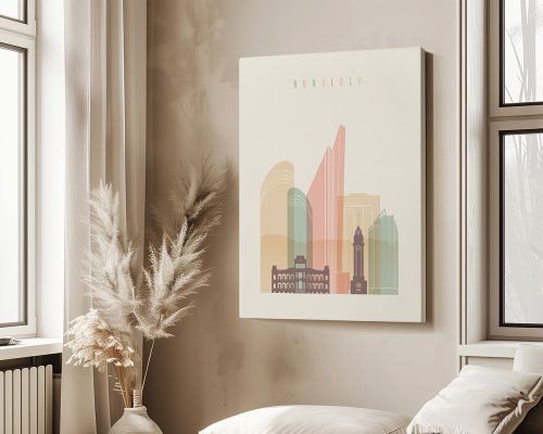 Artistic representation of Honolulu skyline with pastel colors and geometric shapes on a canvas.