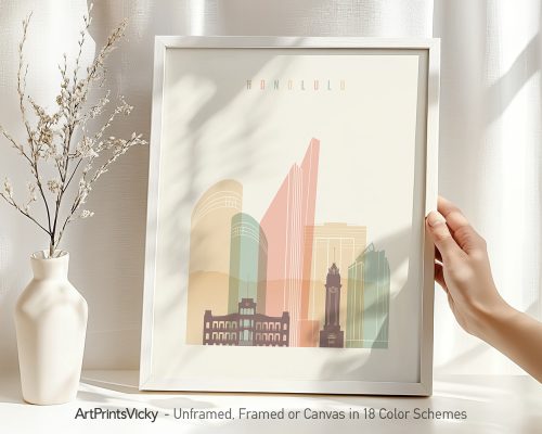 Framed illustration of Honolulu featuring various buildings in soft colors.
