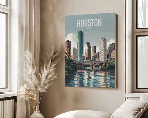 Art print of Houston skyline with buildings and a river in the foreground.