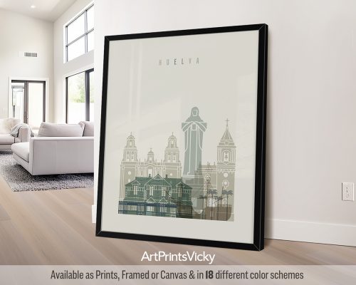Art print featuring a stylized illustration of Huelva's architectural landmarks in muted colors.