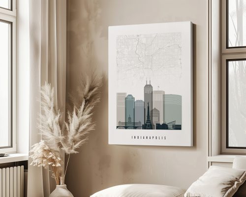 Map of Indianapolis displaying key landmarks and buildings in a detailed design.