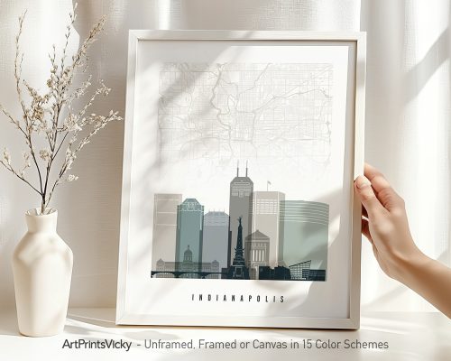 Framed map print of Indianapolis featuring key landmarks and a skyline illustration.