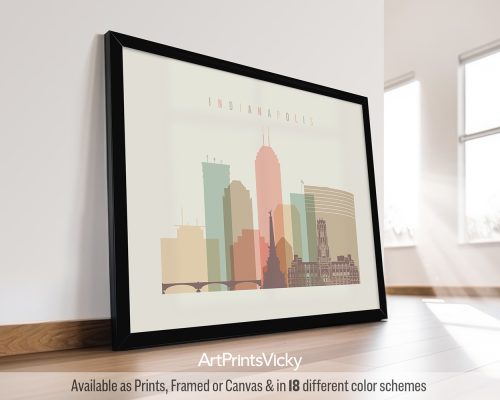 Framed artwork depicting a stylized cityscape of Indianapolis with various buildings and skyline elements.