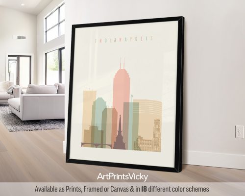 Art print of the Indianapolis skyline featuring notable buildings in a minimalist style.