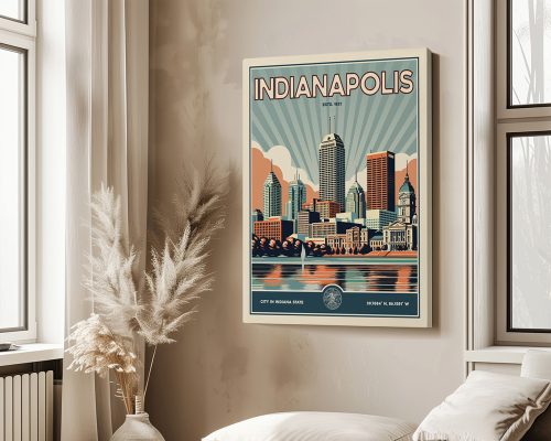 Retro-style poster of Indianapolis featuring the skyline and city name in bold letters.