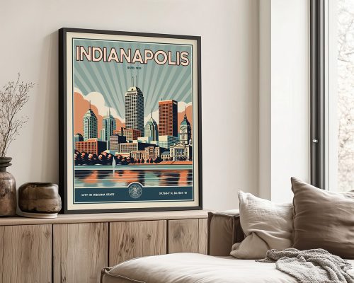 Retro-style print of Indianapolis skyline featuring buildings and a river.