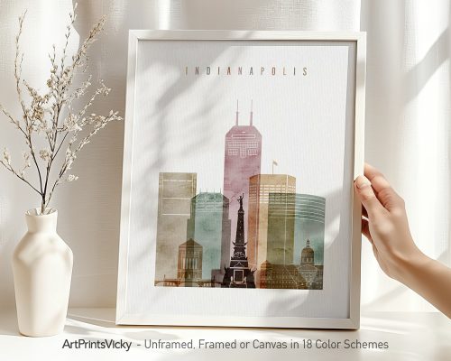 Art print featuring a stylized cityscape of Indianapolis with prominent buildings and the word 'Indianapolis'.