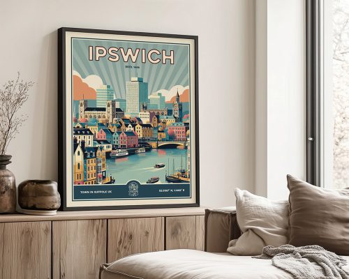 Retro art print of Ipswich featuring buildings and a river in a colorful design.