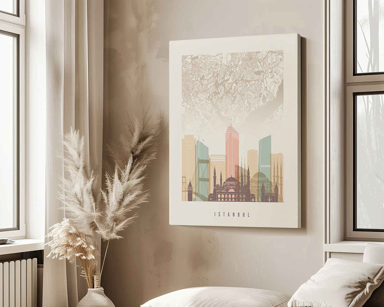 Artistic representation of Istanbul city skyline with a map overlay in soft colors.
