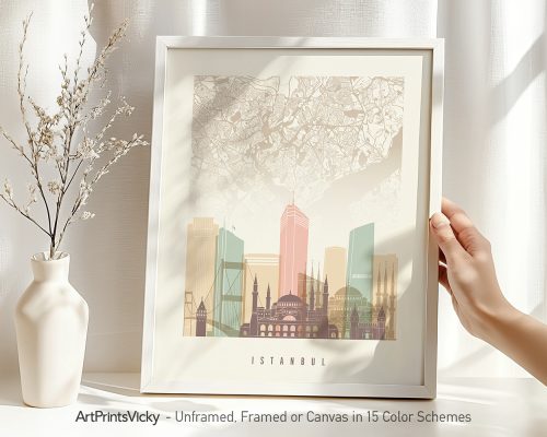 Artistic representation of Istanbul featuring iconic buildings and a map overlay.