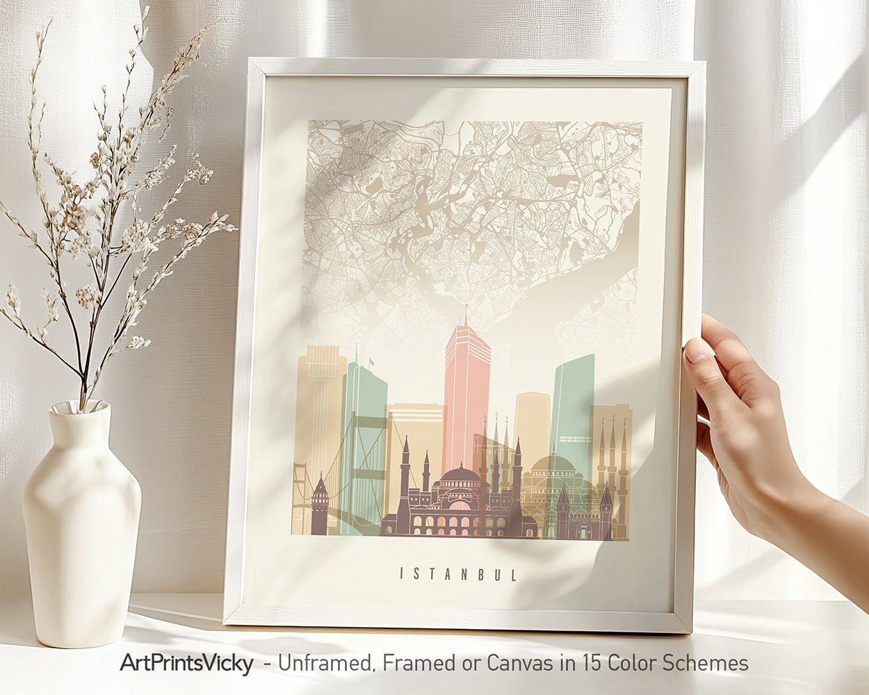 Artistic representation of Istanbul featuring iconic buildings and a map overlay.