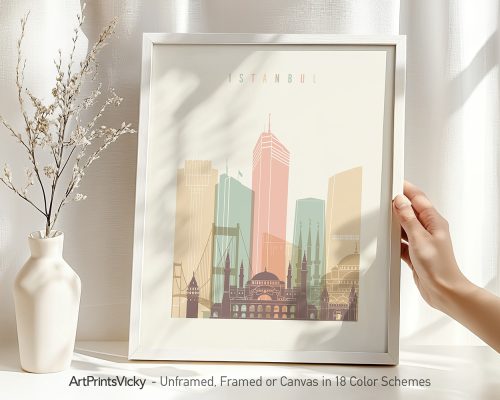 Art print of Istanbul featuring notable buildings and landmarks in a minimalist design.