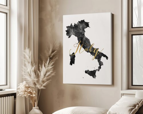 Black and white map of Italy with the word 'Italy' in gold lettering.