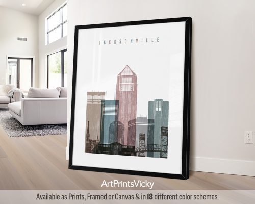 Framed print of a cityscape featuring buildings and a bridge in Jacksonville.