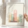 Art print of a stylized cityscape of Jacksonville featuring buildings in pastel colors.