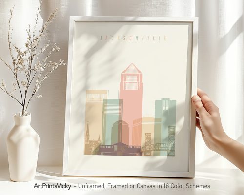 Art print of a stylized cityscape of Jacksonville featuring buildings in pastel colors.