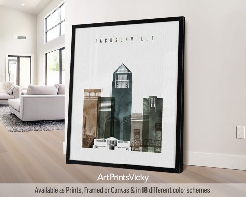 Framed artwork featuring a stylized cityscape of Jacksonville with buildings and a bridge.