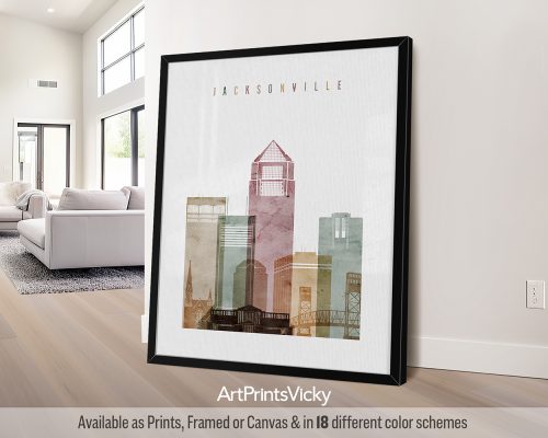 Art print of Jacksonville cityscape featuring buildings in various colors and styles.