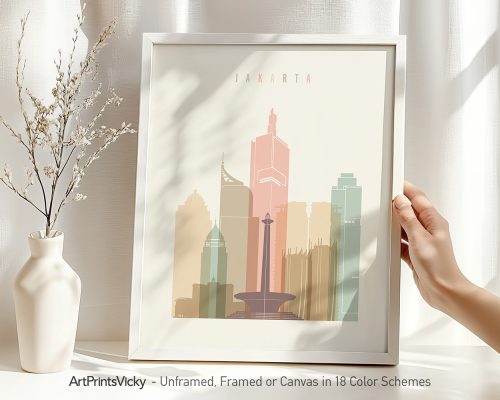 Art print of Jakarta's skyline featuring various buildings and a monument in soft colors.