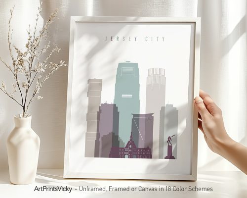 Art print of Jersey City skyline in a minimalist design with a hand holding the frame.