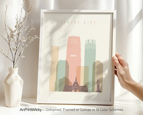 Art print of Jersey City skyline featuring various building silhouettes in pastel colors.