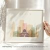 Art print of a stylized cityscape of Jerusalem with various architectural elements.