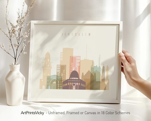 Art print of a stylized cityscape of Jerusalem with various architectural elements.