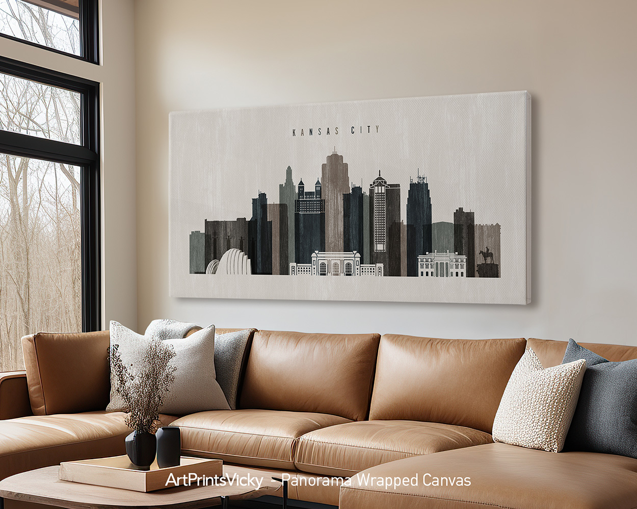 Canvas artwork depicting the skyline of Kansas City with notable buildings and structures.