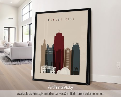 Framed print of Kansas City skyline featuring notable buildings in a minimalist style.