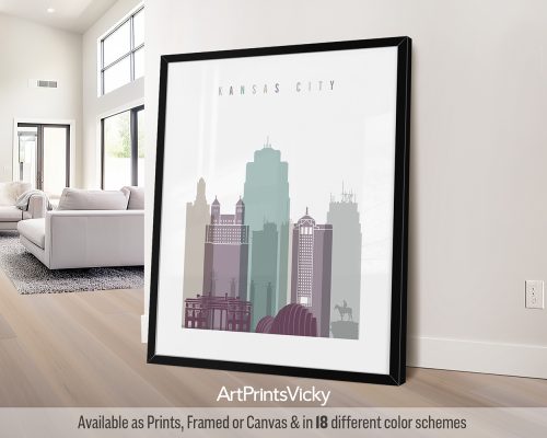 Art print of Kansas City skyline featuring notable buildings and structures in muted colors.