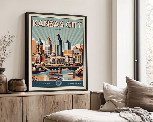 Retro-style poster featuring the Kansas City skyline with notable buildings and a river.