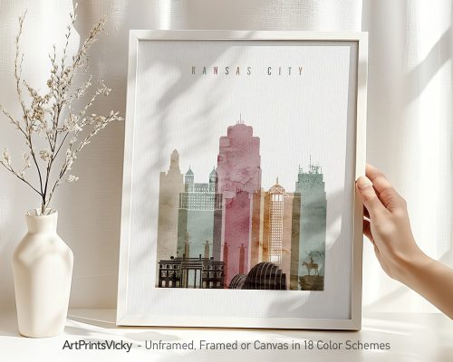 Art print featuring a stylized skyline of Kansas City with various building silhouettes.