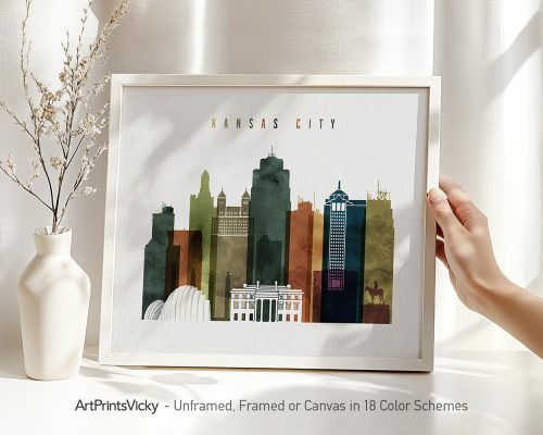Art print featuring a stylized skyline of Kansas City with notable buildings and landmarks.