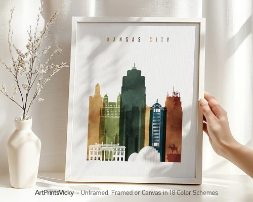 Art print of Kansas City skyline featuring various buildings in muted colors.
