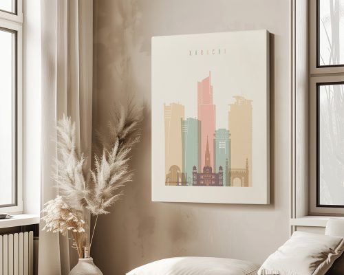 Art print of Karachi cityscape featuring various buildings in pastel colors.