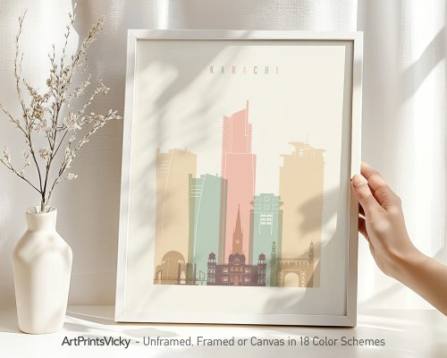 Art print featuring a stylized skyline of Karachi with various buildings and architectural elements.