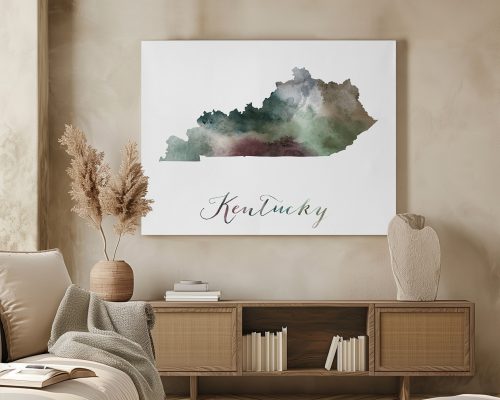 Artistic representation of the state of Kentucky with a watercolor effect and the word 'Kentucky' below it.