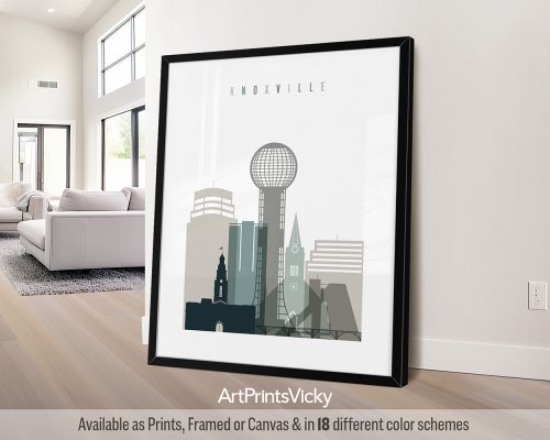 Art print of the Knoxville city skyline featuring notable buildings and structures in a minimalist design.