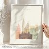 Art print of Krakow's cityscape featuring prominent buildings in pastel colors.