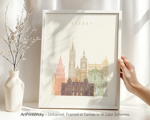 Art print of Krakow's cityscape featuring prominent buildings in pastel colors.