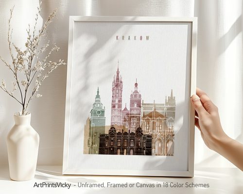 Art print of Krakow featuring architectural landmarks in a layered design.
