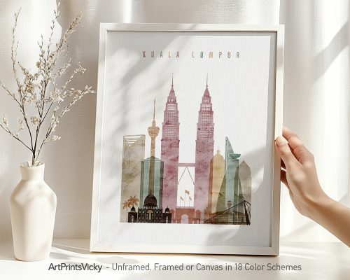 Art print featuring a stylized illustration of Kuala Lumpur's skyline with the Petronas Towers.