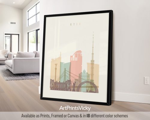Art print featuring a stylized cityscape of Kyiv with notable buildings and structures.