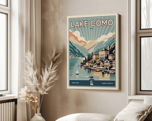 Retro art print featuring Lake Como with mountains and buildings along the shore.