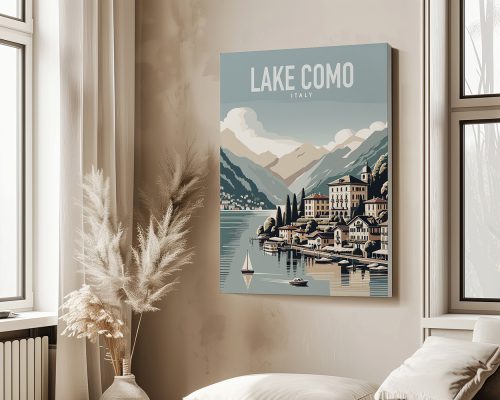 Illustrative travel poster featuring Lake Como, Italy with mountains, buildings, and a sailboat.