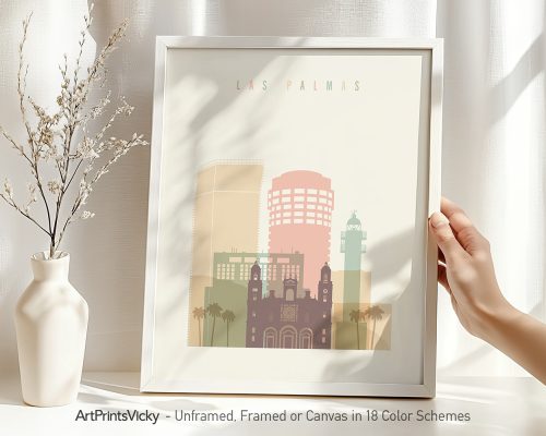 Art print featuring a stylized illustration of Las Palmas city skyline in pastel colors.