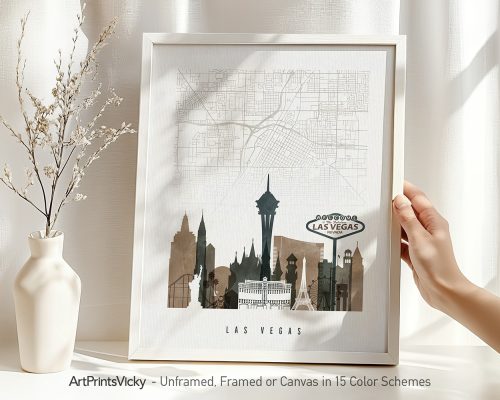Art print of a Las Vegas map with iconic landmarks illustrated in a minimalist style.