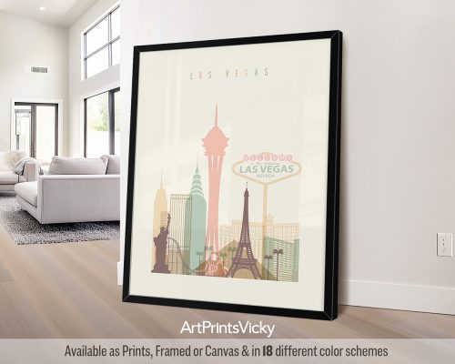 Art print featuring a stylized cityscape of Las Vegas with iconic landmarks like the Eiffel Tower and Stratosphere.